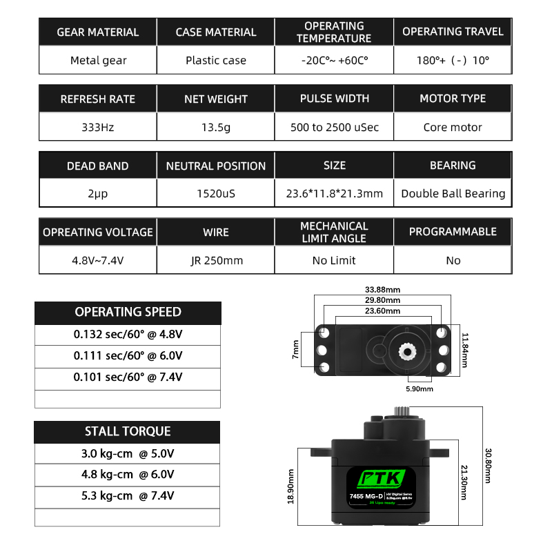 PTK 7455MG-D servo 12g Digital - Drone Rc Aircraft 评论和价格